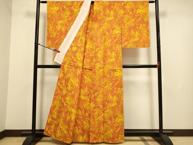 平和屋着物▽上質な小紋 単衣 紬地 風景文 正絹 逸品 未使用 DABJ3875du
