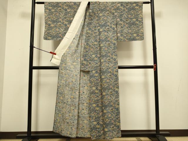 平和屋着物▽上質な小紋 単衣 型染 雲取花文 鬼しぼ縮緬 正絹 逸品 DABJ3877du