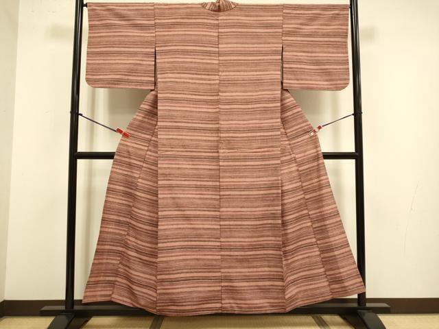 平和屋着物▽上質な紬 単衣 横段文 正絹 逸品 DABJ3878du