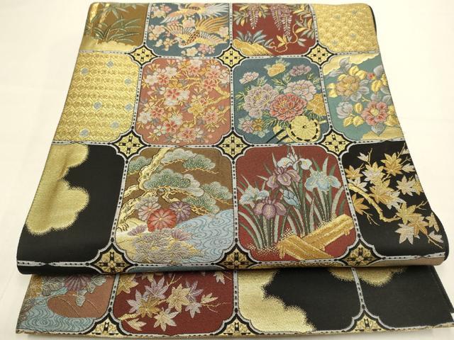 平和屋本店▼六通柄袋帯 鳳凰吉祥花文 本金箔 黒地 正絹 逸品 DABJ3883du