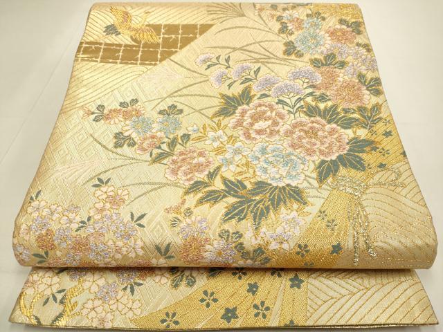 平和屋本店▼佐賀錦 六通柄袋帯 束ね熨斗飛鶴花文 本金箔二重織 正絹 逸品 DABJ3887du