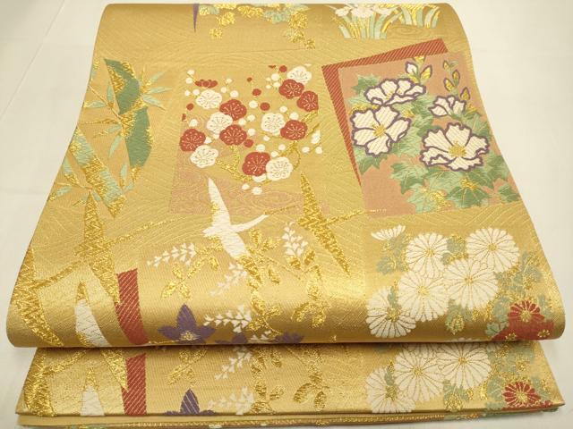 平和屋本店▼六通柄袋帯 色紙重ね飛鶴花文 本金 九百錦 正絹 逸品 DABJ3890du