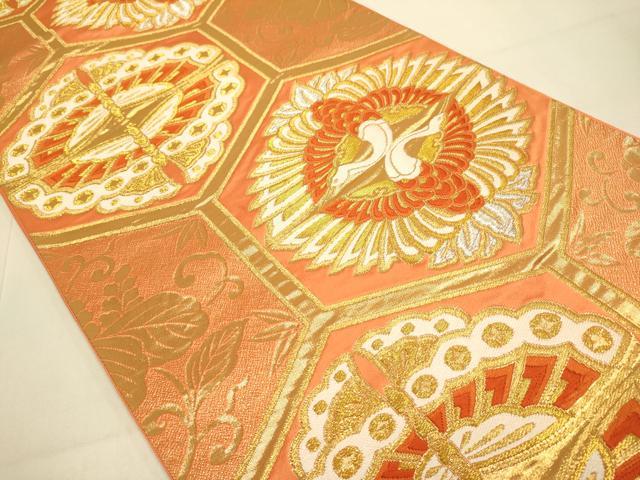 平和屋本店▼西陣 六通柄袋帯 双鶴双蝶亀甲文 本金箔 24K 証紙付き 正絹 逸品 DABJ3910du