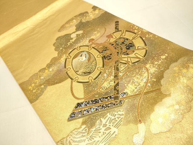 平和屋本店●太鼓柄袋帯 螺鈿 鼓飛鶴花文 金泥箔 本金箔 正絹 逸品 DABJ3916du