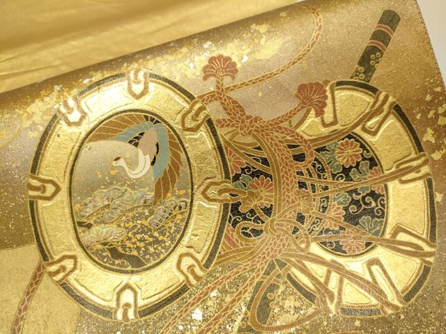 平和屋本店●太鼓柄袋帯 螺鈿 鼓飛鶴花文 金泥箔 本金箔 正絹 逸品 DABJ3916du