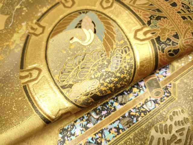 平和屋本店●太鼓柄袋帯 螺鈿 鼓飛鶴花文 金泥箔 本金箔 正絹 逸品 DABJ3916du
