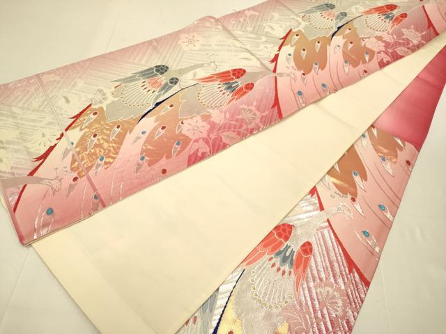 平和屋本店▼西陣 六通柄袋帯 孔雀花文 純金銀箔織 正絹 逸品 DABJ3923du
