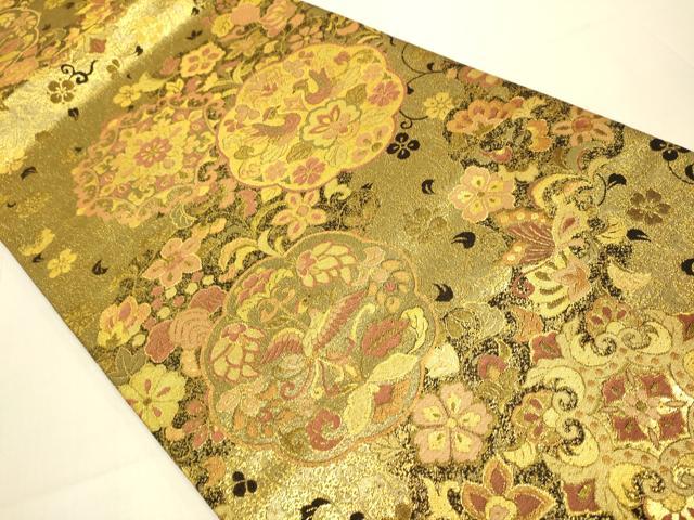 平和屋本店▼六通柄袋帯 花鳥文 王宮彫金 泥瀞金箔 反端付き 正絹 逸品 未使用 DABJ3924du