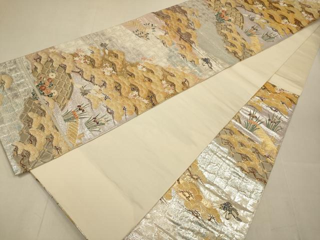 平和屋本店▼六通柄袋帯 佳鳳翔鶴文 九百本金二重織 正絹 逸品 DABJ3932du