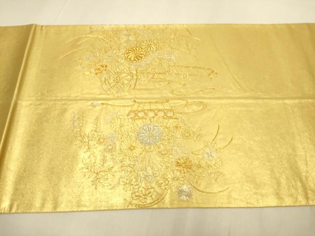 平和屋本店●太鼓柄袋帯 駒刺繍 総刺繍 花車文 金泥箔 本金箔 正絹 逸品 DABJ3939du