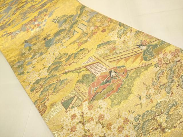 平和屋本店▼全通柄袋帯 平安人物風景文 本金弐重箔 正絹 逸品 DABJ3940du