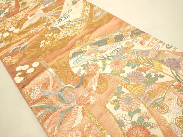 平和屋本店▼六通柄袋帯 能衣紅型調熨斗目文 純金箔 正絹 逸品 DABJ3951du