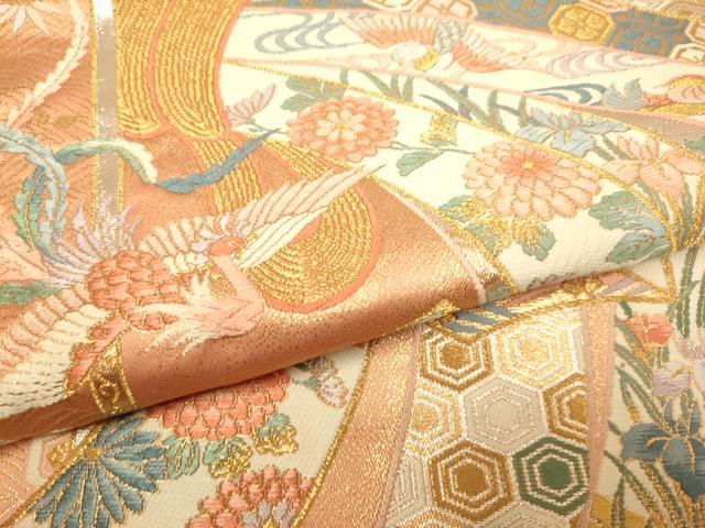 平和屋本店▼六通柄袋帯 能衣紅型調熨斗目文 純金箔 正絹 逸品 DABJ3951du