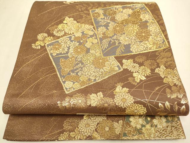 平和屋本店▼六通柄袋帯 色紙花蝶文 本金箔 正絹 逸品 DABJ3956du