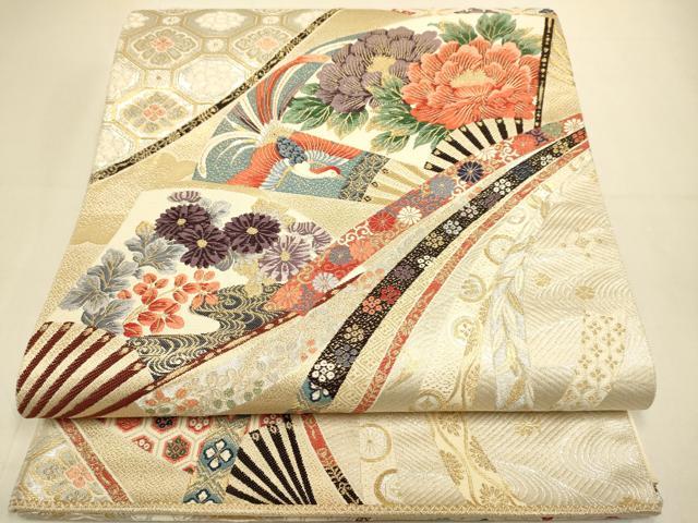 平和屋本店▼西陣 橋本織物謹製 六通柄袋帯 扇面鳳凰花文 純金箔 証紙付き 正絹 逸品 DABJ3968du