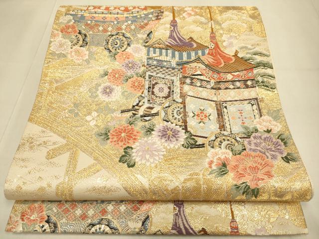 平和屋本店▼六通柄袋帯 扇面鉾山車 九百本金弐重織 正絹 逸品 DABJ3976du