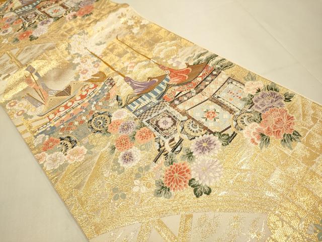 平和屋本店▼六通柄袋帯 扇面鉾山車 九百本金弐重織 正絹 逸品 DABJ3976du