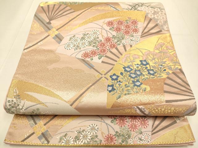 平和屋本店▼六通柄袋帯 扇面草花文 純金箔 正絹 逸品 DABJ3987du