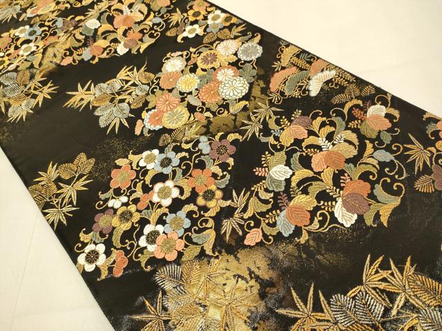 平和屋本店▼六通柄袋帯 花菱文 本金漆箔 黒地 正絹 逸品 DABJ3993du