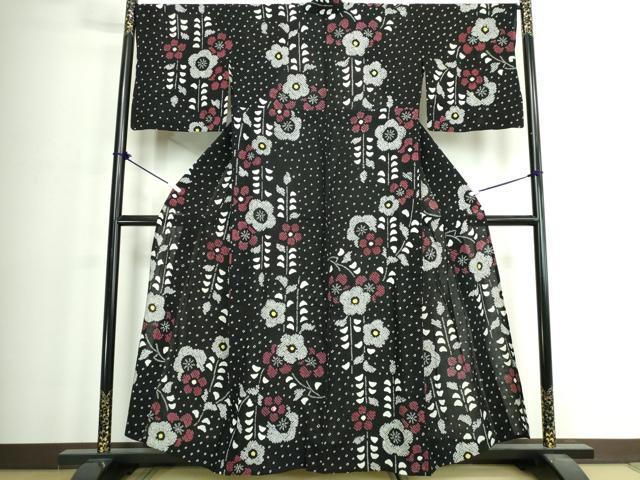 平和屋着物∴夏物 浴衣 有松鳴海絞り 枝花文 黒地 綿 逸品 DABJ4017cd