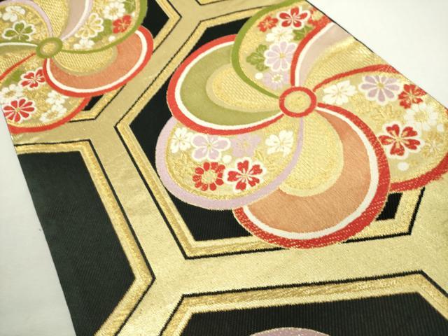 平和屋着物◎六通柄袋帯 唐織 亀甲花文 黒地 金糸 正絹 逸品 DABJ4134cd