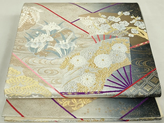 平和屋着物◎六通柄袋帯 唐織 扇面花文 枝梅 金銀糸 正絹 逸品 DABJ4175cd