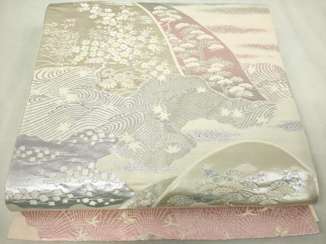 平和屋着物◎六通柄袋帯 重ね山草花文 銀糸 正絹 逸品 DABJ4208cd