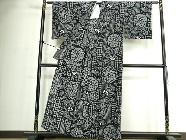 平和屋着物∴夏物 浴衣 有松鳴海絞り 草花文 黒地 綿麻 逸品 DABJ4326cd