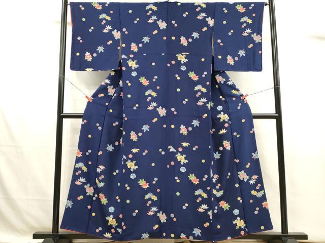 平和屋着物■上質な小紋 藍 型染め 舞花文 鬼しぼ縮緬 正絹 逸品 DABJ4375cd