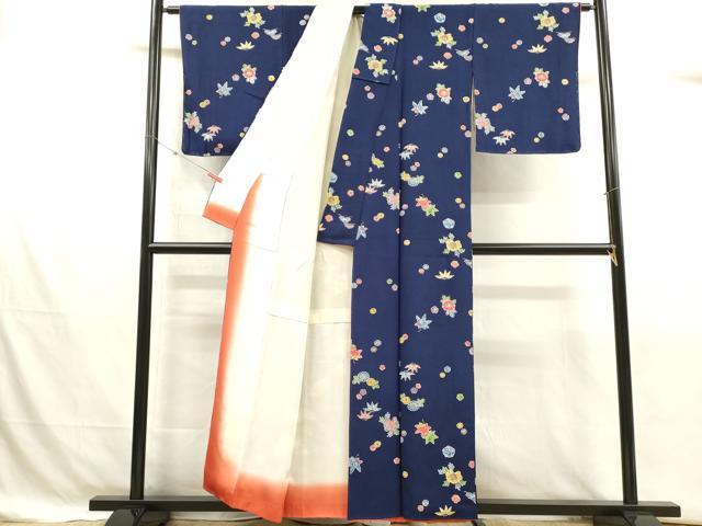 平和屋着物■上質な小紋 藍 型染め 舞花文 鬼しぼ縮緬 正絹 逸品 DABJ4375cd