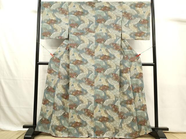 平和屋着物■上質な小紋 扇面更紗花文 鬼しぼ縮緬 正絹 逸品 DABJ4380cd