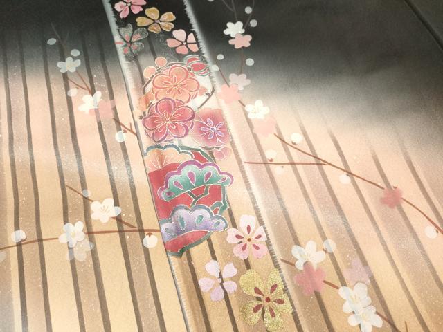 平和屋着物■訪問着 枝梅文 松竹梅 暈し染め 黒地 金銀彩 正絹 逸品 DABJ4391cd