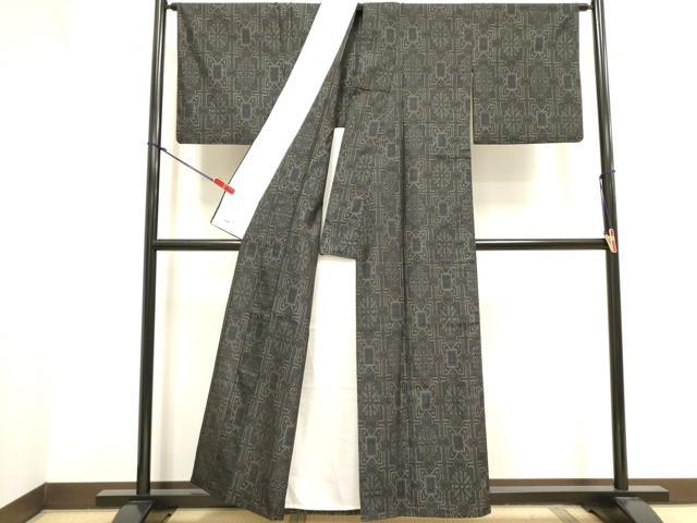 平和屋着物▽本場大島紬 単衣 幾何学花文 やまと誂製 正絹 逸品 DABJ4480cd