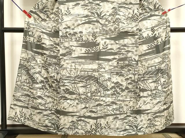 平和屋着物▽訪問着 単衣 作家物 ぜんまい紬 渡橋風景シルエット ますいわ屋扱い 正絹 逸品 DABJ4494cd
