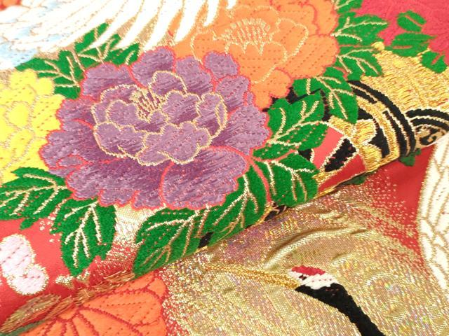 平和屋着物▼打掛 解き反物 唐織 御所車飛鶴花文 金糸 端切れ ハギレ リメイク生地 逸品 DABJ4521zy