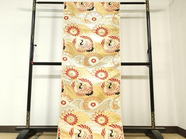 平和屋本店▼アンティーク 大正ロマン 丸帯 帯反物 飛鶴花文 金銀糸 逸品 未使用 DABJ4736zy