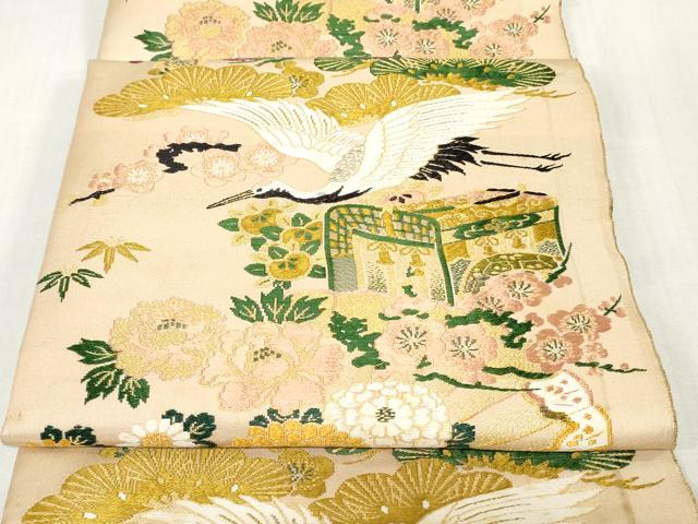 平和屋本店▼アンティーク 大正ロマン 丸帯 帯反物 飛鶴御所車花文 金糸 逸品 DABJ4786zy