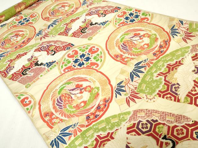 平和屋本店▼アンティーク 大正ロマン 丸帯 帯反物 檜扇飛鶴文 鳳凰花絵皿文 金糸 逸品 DABJ4787zy