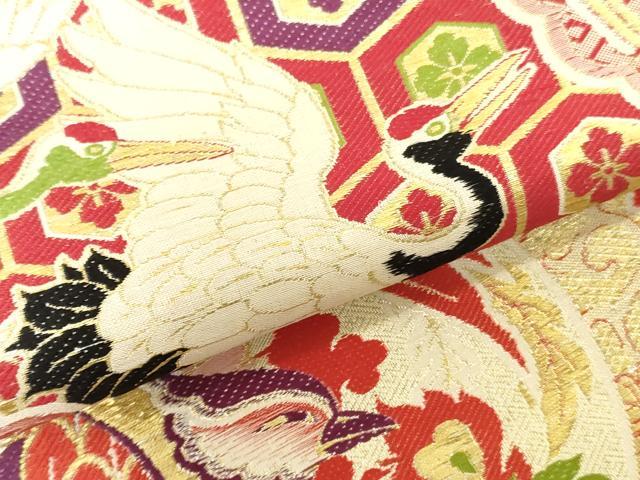 平和屋本店▼アンティーク 大正ロマン 丸帯 帯反物 檜扇飛鶴文 鳳凰花絵皿文 金糸 逸品 DABJ4787zy
