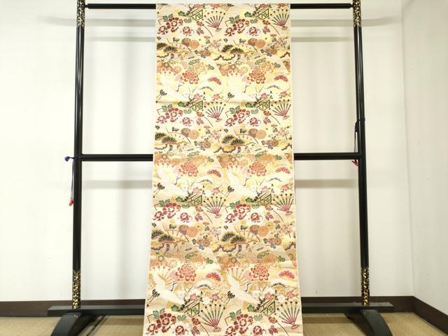 平和屋本店▼アンティーク 大正ロマン 丸帯 帯反物 本場大嶋織 扇面飛鶴花文 金糸 逸品 未使用 DABJ4801zy