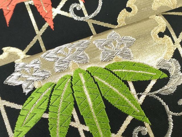 平和屋着物●西陣 名古屋帯 反物 唐織 雪輪草花文 黒地 金銀糸 証紙付き 逸品 未使用 DABJ4802zy