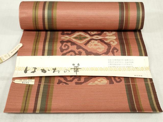 平和屋着物▼本場筑前博多織 名古屋帯 帯反物 草葉間道 逸品 未使用 DABJ4812zy
