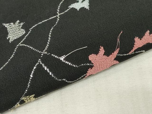 平和屋着物▼羽織・コート 解き反物 羽尺 枝葉文 黒地 銀糸 逸品 DABJ4830zy