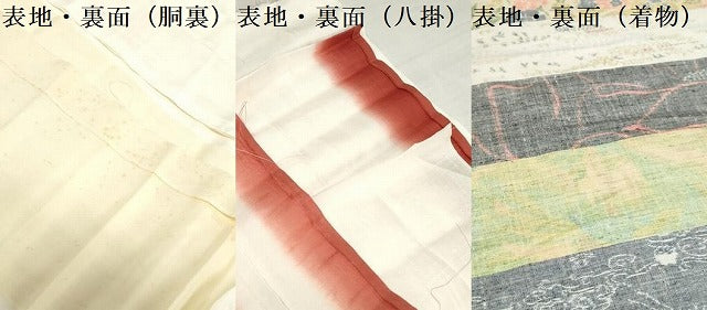 平和屋着物▼小地谷紬 解き反物 着尺 100柄 草花文 裁断済み 八掛・胴裏付き 逸品 DABJ4864zy