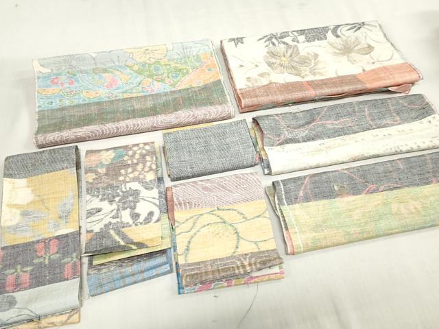 平和屋着物▼小地谷紬 解き反物 着尺 100柄 草花文 裁断済み 八掛・胴裏付き 逸品 DABJ4864zy