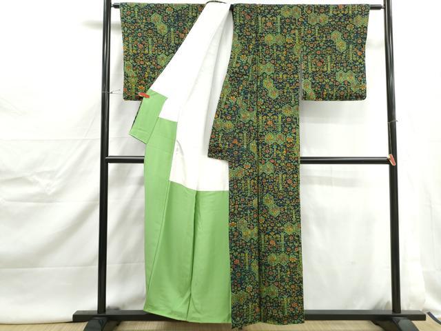 平和屋着物■上質な小紋 亀甲更紗花文 鬼しぼ縮緬 正絹 逸品 DABJ5006qa
