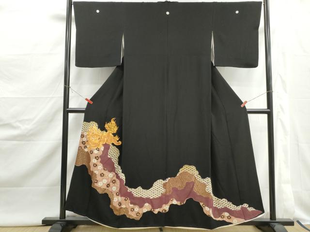 平和屋着物■豪華黒留袖 駒刺繍 道長唐獅子花文 金彩 正絹 逸品 DABJ5057qa