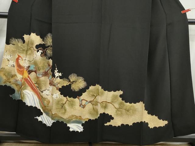 平和屋着物■豪華黒留袖 駒刺繍 尾長鳥花松文 金彩 正絹 逸品 DABJ5194qa