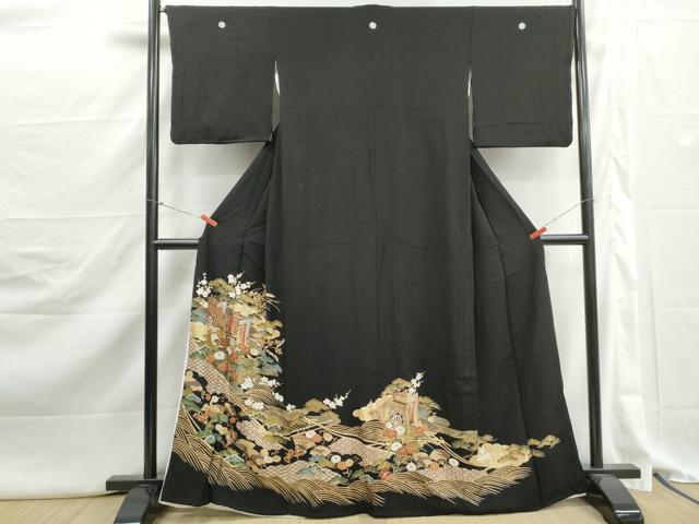平和屋着物■豪華黒留袖 御所車立波花松文 金彩 正絹 逸品 DABJ5307qa