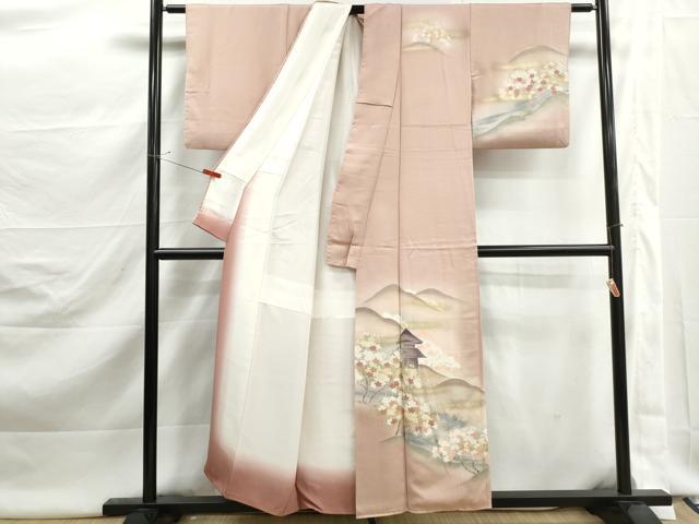 平和屋着物■訪問着 風景枝桜文 暈し染め 金彩 反端付き 正絹 逸品 DABJ5518qa